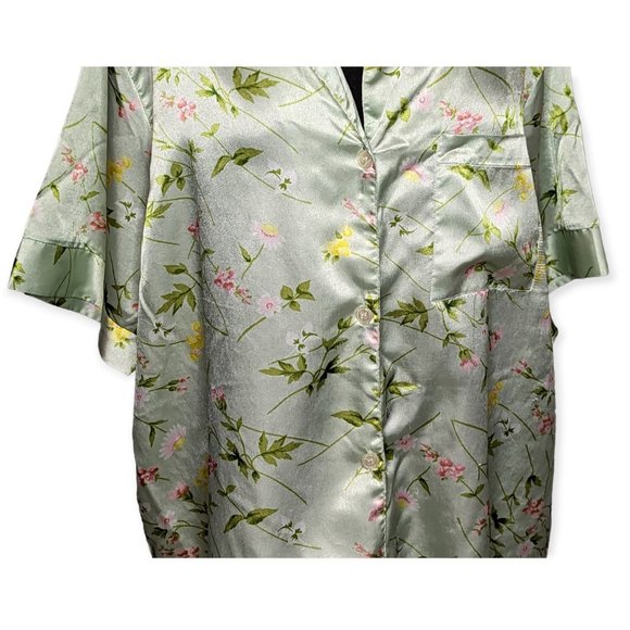 Maidenform Green Floral Satin Button Down Short Sleeve Night Shirt Size 1X - Picture 3 of 12